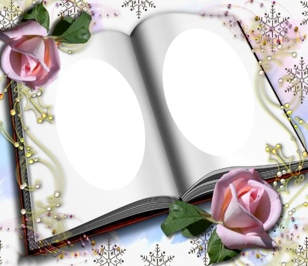 libro abierto y rosas, dos fotos. Montaje fotografico