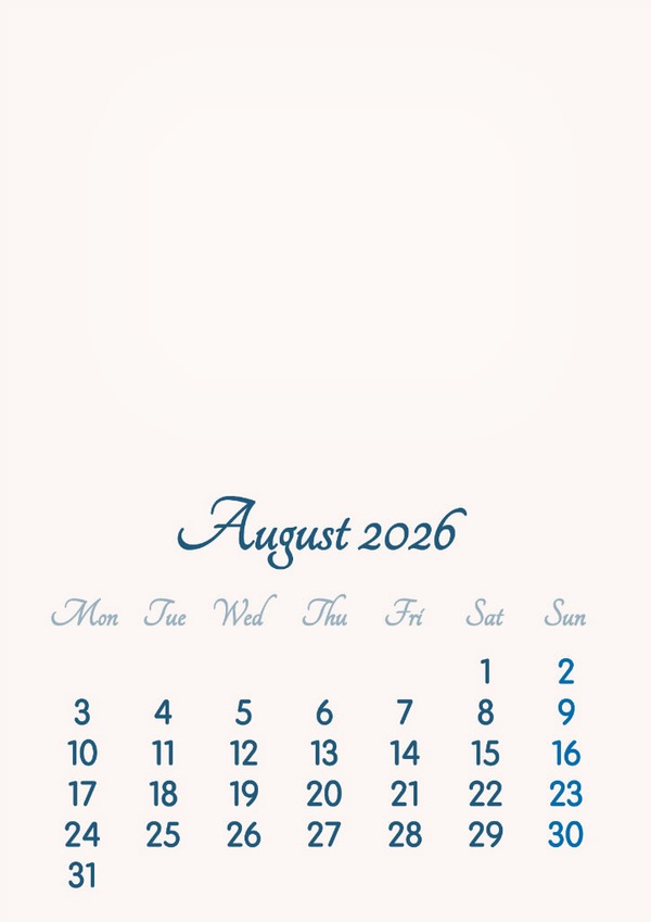 August 2026 // 2019 to 2046 // VIP Calendar // Basic Color // English Photo frame effect