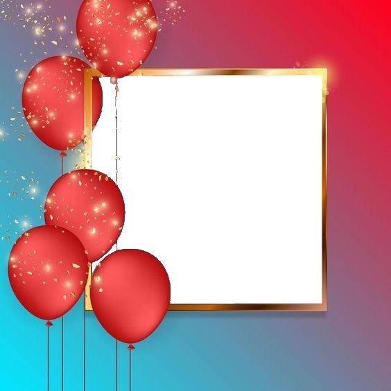 Happy Birthday, marco dorado y globos rojos. Фотомонтажа