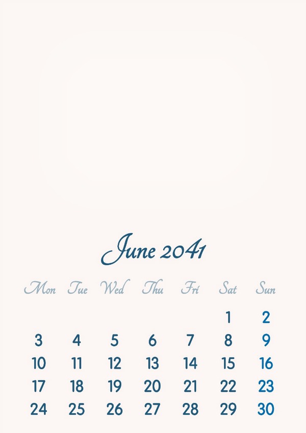 June 2041 // 2019 to 2046 // VIP Calendar // Basic Color // English Photomontage