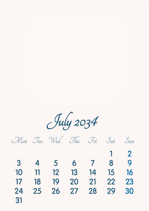 July 2034 // 2019 to 2046 // VIP Calendar // Basic Color // English Fotomontaggio