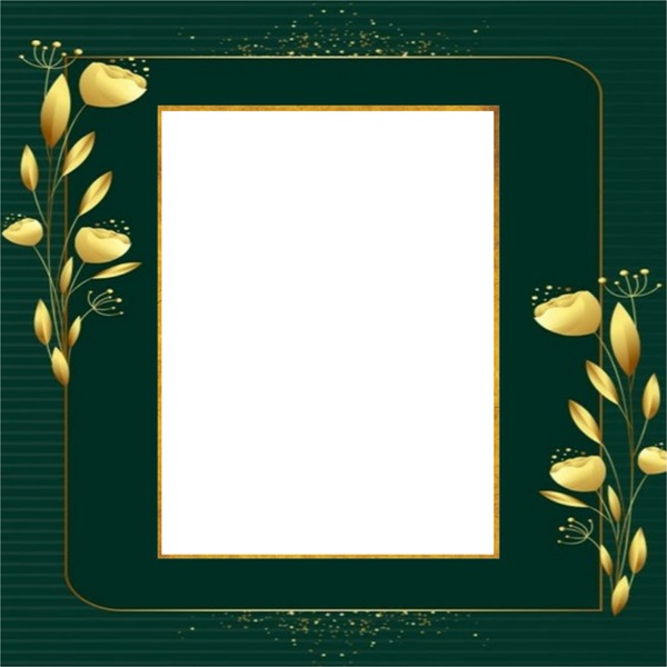 marco y flores doradas, fondo verde. Fotomontagem