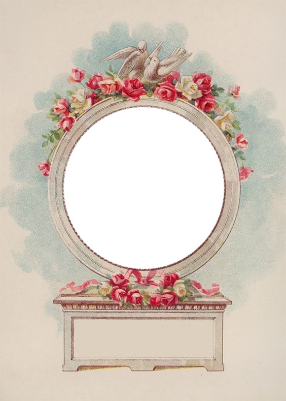 cómoda y espejo circular, detalle palomas y rosas. Фотомонтаж
