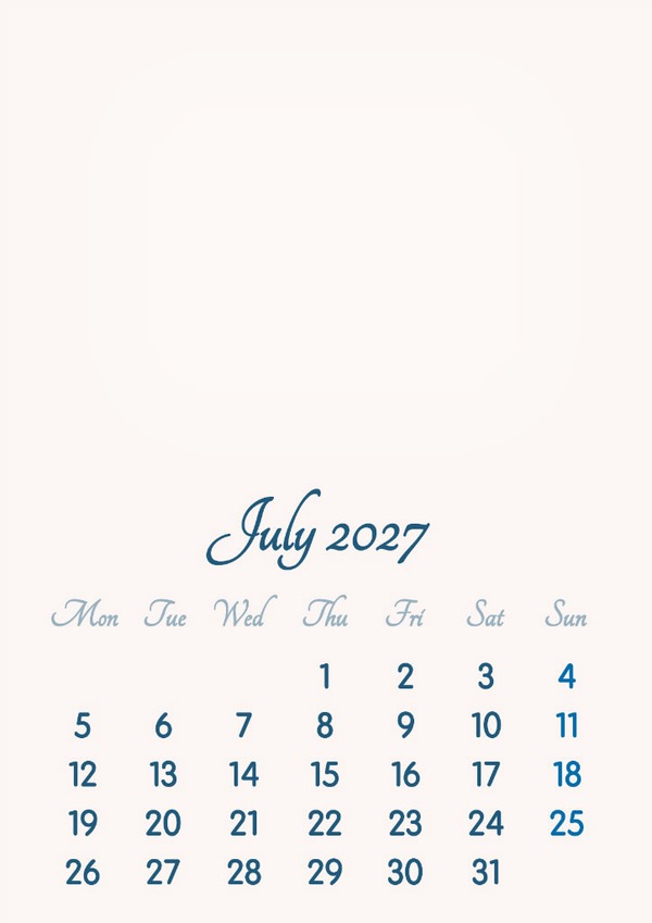 July 2027 // 2019 to 2046 // VIP Calendar // Basic Color // English Photo frame effect