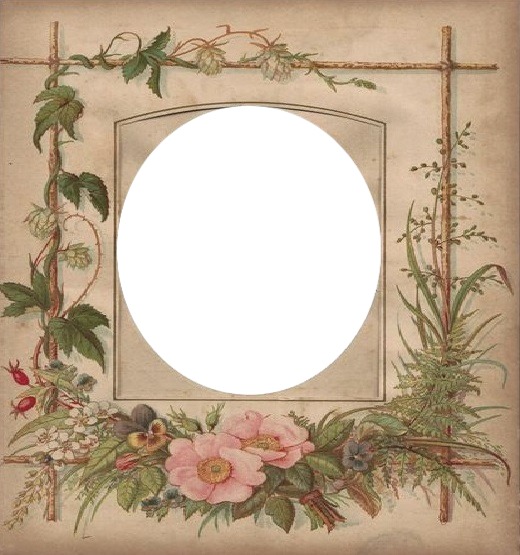 marco circular, ramas y flores, fondo marrón. Fotomontáž