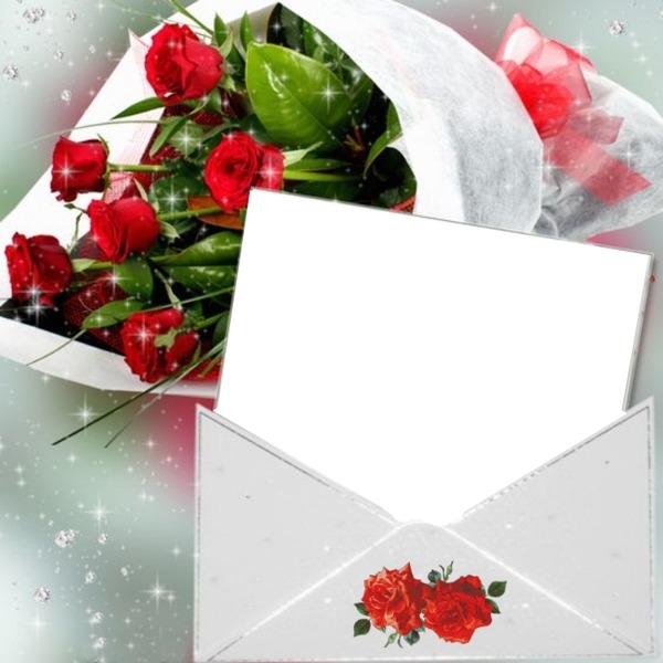 invitación y ramo de rosas rojas. Photo frame effect