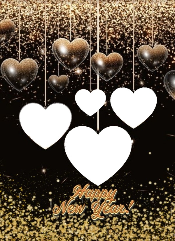 Happy New Year, collage 4 corazones. Montaje fotografico