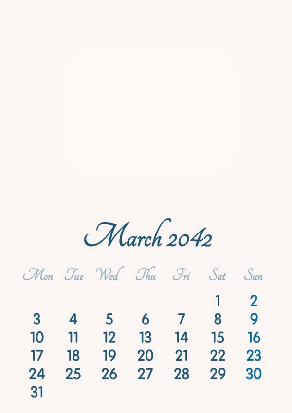 March 2042 // 2019 to 2046 // VIP Calendar // Basic Color // English Fotomontažas