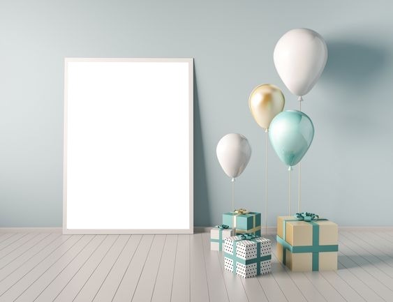 marco para cumpleaños, regalos y globos. Fotomontaggio