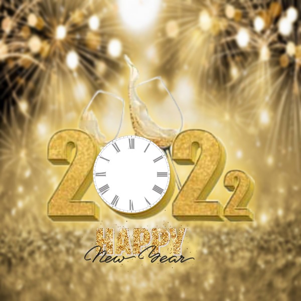 Happy New Year 2022, reloj, copas, 1 foto Fotomontagem