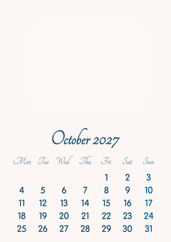 October 2027 // 2019 to 2046 // VIP Calendar // Basic Color // English Fotomontagem