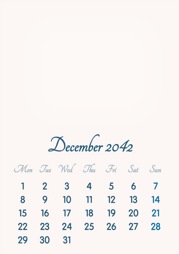 December 2042 // 2019 to 2046 // VIP Calendar // Basic Color // English Fotomontažas