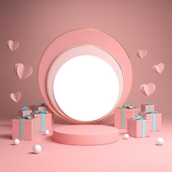 circulo dentro de fondo rosado, regalos y corazones, para una foto. Fotomontage
