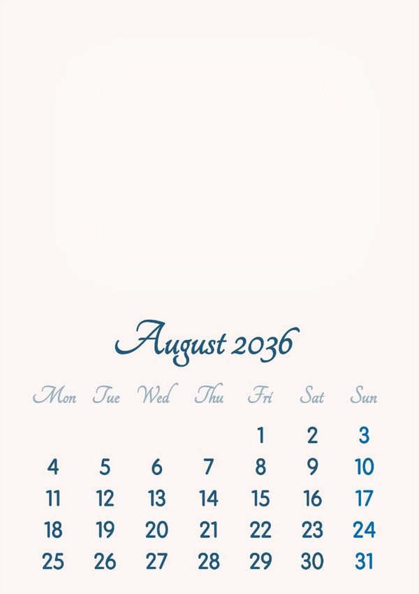 August 2036 // 2019 to 2046 // VIP Calendar // Basic Color // English Fotomontaggio