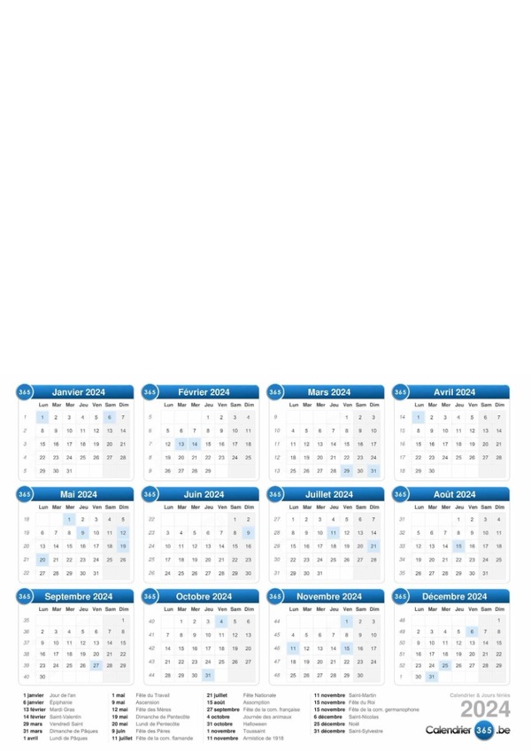 Calendrier 2024 avec jours fériés Fotomontaža