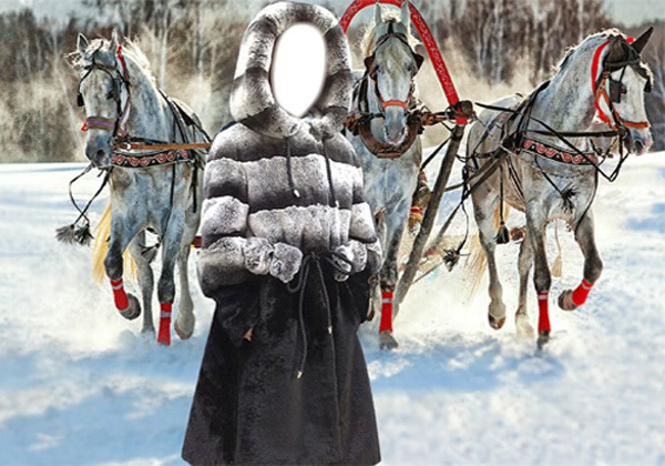 девочка и тройка лошадей Photo frame effect