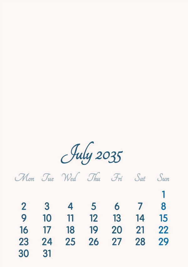 July 2035 // 2019 to 2046 // VIP Calendar // Basic Color // English Photo frame effect