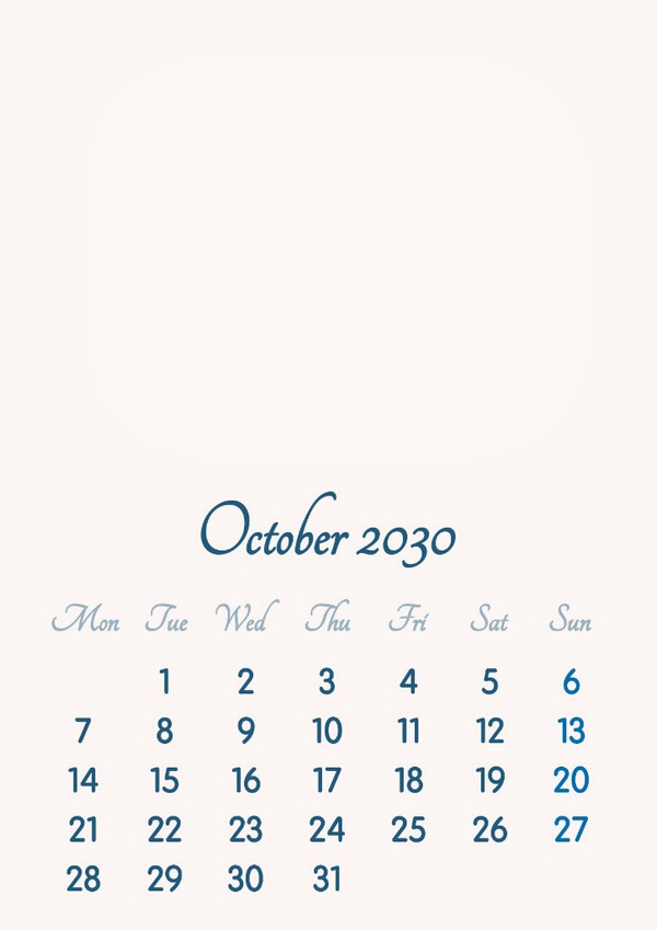 October 2030 // 2019 to 2046 // VIP Calendar // Basic Color // English Fotoğraf editörü