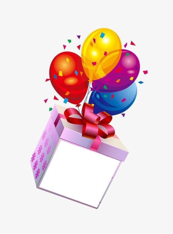 Feliz cumpleaños, cajita de regalo, globos, 1 foto. Fotomontage