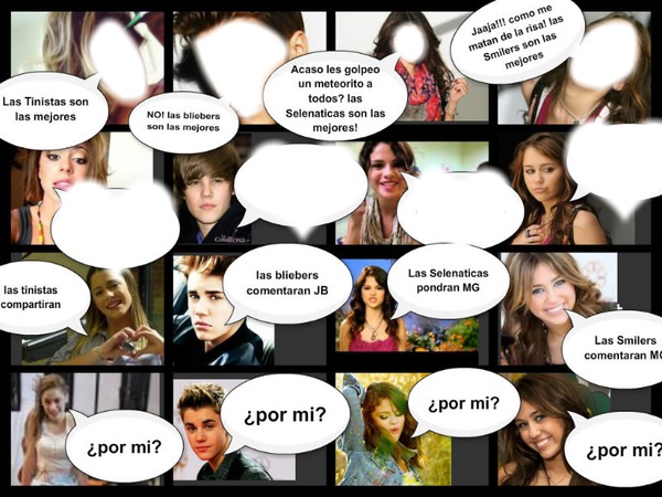 caras de:Martina Stoessel,Justin Bieber,Selena Gomez y Miley Cirus y/o ser a quien cada uno de ellos aman Fotomontāža