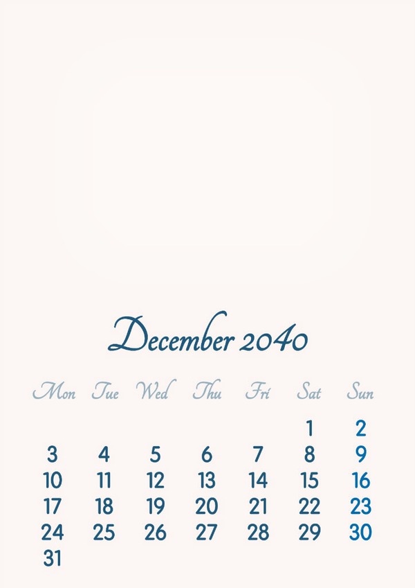 December 2040 // 2019 to 2046 // VIP Calendar // Basic Color // English フォトモンタージュ