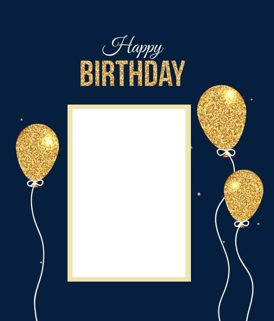 Happy Birthday, fondo azul y globos dorados. Photo frame effect