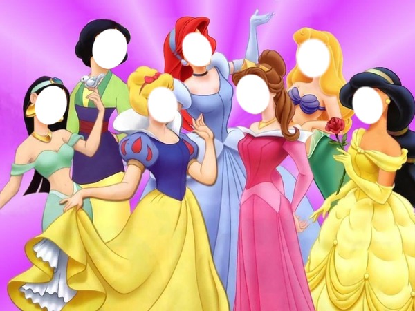 Mulan in Jasmine's clothes, Snow White in Mulan's clothes, Cinderella in Snow White's clothes, Ariel in Cinderella's clothes, Belle in Aurora's clothes, Aurora in Ariel's clothes, Jasmine in Belle's clothes (disney princess) Photo frame effect