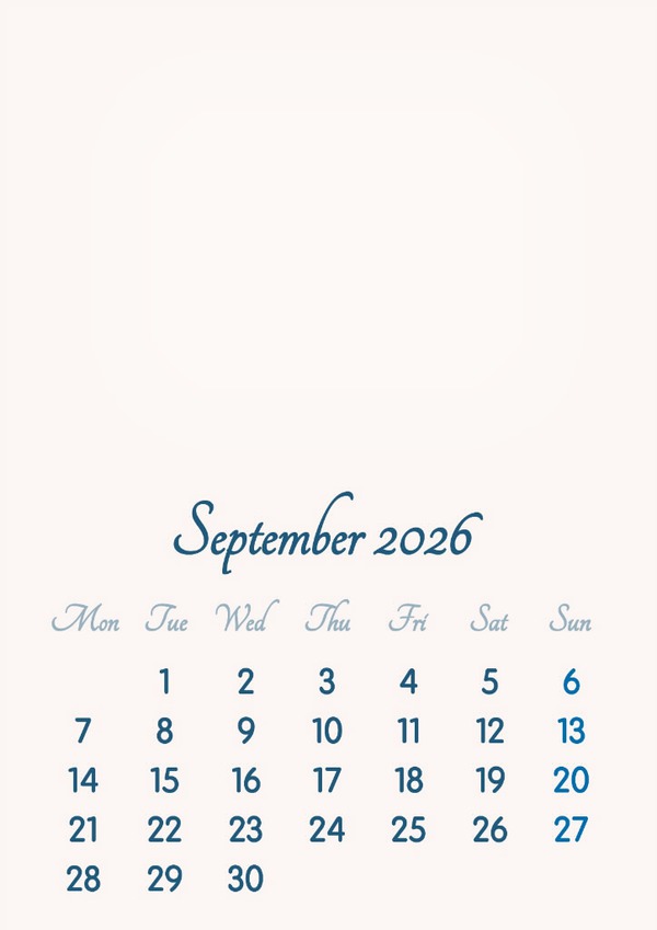 September 2026 // 2019 to 2046 // VIP Calendar // Basic Color // English Montaje fotografico
