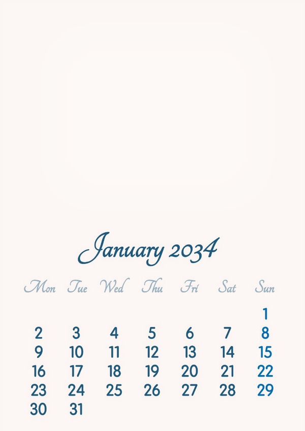 January 2034 // 2019 to 2046 // VIP Calendar // Basic Color // English Montaje fotografico