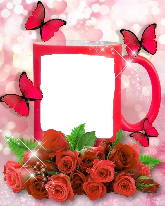 mug fucsia, mariposas y ramo rosas rojas Fotomontasje