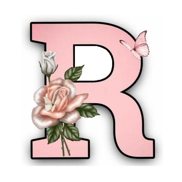 letra R y rosas rosada. Фотомонтаж