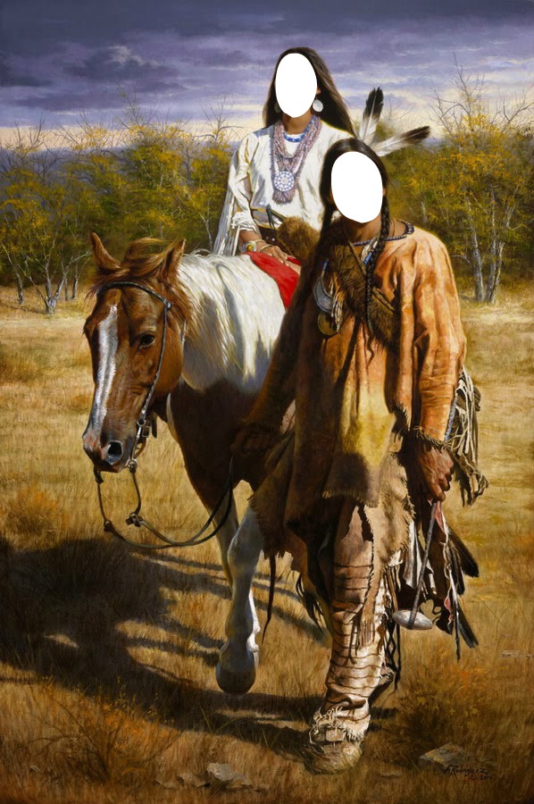 indios pareja a caballo Montaje fotografico