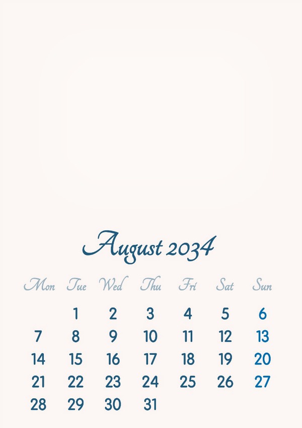 August 2034 // 2019 to 2046 // VIP Calendar // Basic Color // English Fotoğraf editörü