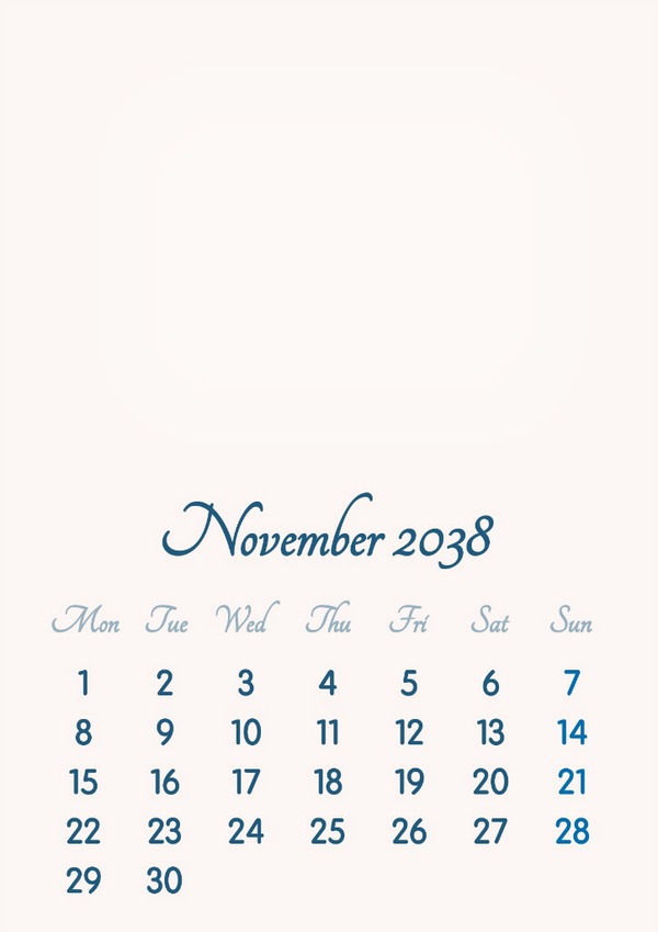 November 2038 // 2019 to 2046 // VIP Calendar // Basic Color // English Fotoğraf editörü