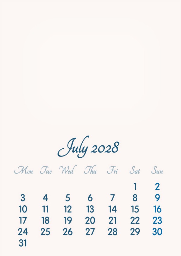 July 2028 // 2019 to 2046 // VIP Calendar // Basic Color // English Fotomontaż