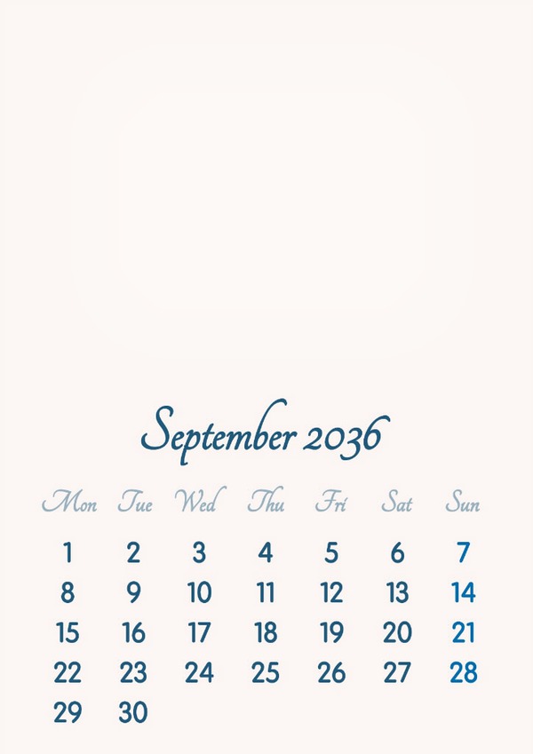 September 2036 // 2019 to 2046 // VIP Calendar // Basic Color // English Fotomontāža