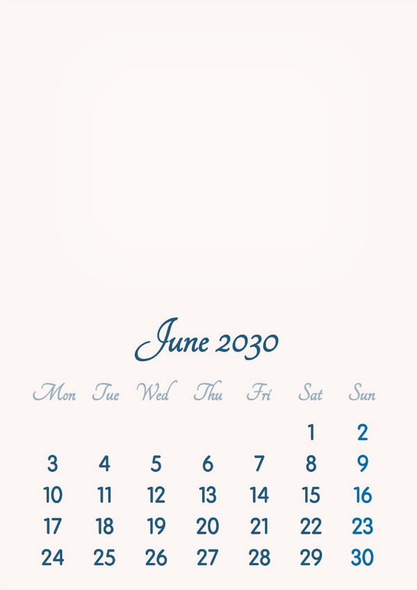 June 2030 // 2019 to 2046 // VIP Calendar // Basic Color // English Photomontage