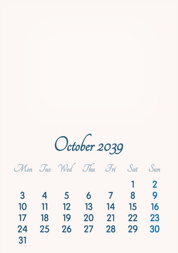 October 2039 // 2019 to 2046 // VIP Calendar // Basic Color // English Фотомонтаж