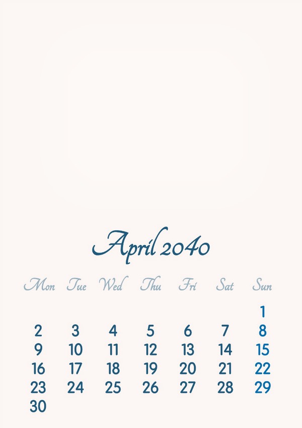 April 2040 // 2019 to 2046 // VIP Calendar // Basic Color // English Fotomontasje